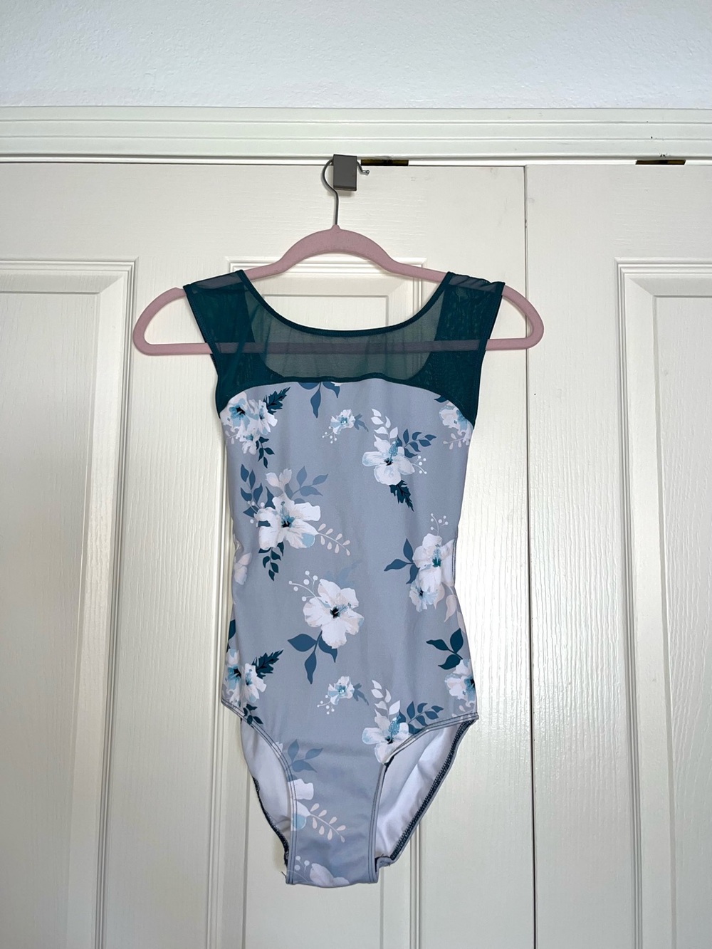 Eleve Dancewear Floral Mesh-Top Leotard in Teal and Light Blue